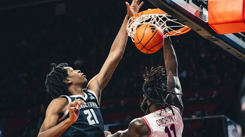 Senior center Clifford Omoruyi made a big impact on the defensive side of the ball in Rutgers men’s basketball’s win over Georgetown. – Photo by Evan Leong