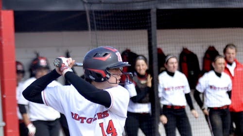 Senior outfielder Jackie Bates went 7-for-13 with six RBI at the Lobo Classic in Alburquerque. Her three-run homer to left field tied her for third all-time in program history.  – Photo by The Daily Targum