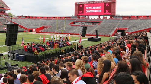 Rutgers students and presenters for the 2014 convocation ceremony gathered at the High Point Solutions Stadium on Saturday to welcome incoming students and celebrate Rutgers’ entry into the Big Ten. More than 6,400 students enrolled at Rutgers-New Brunswick campus this year. – Photo by Yingjie Hu