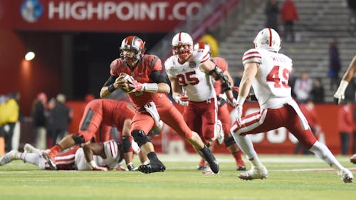 Sophomore quarterback Chris Laviano was sacked six times in the Knights'31-14 loss to Nebraska Nov. 14. Laviano has been sacked 25 times through 10 games in 2015. – Photo by Photo by Michelle Klejmont | The Daily Targum