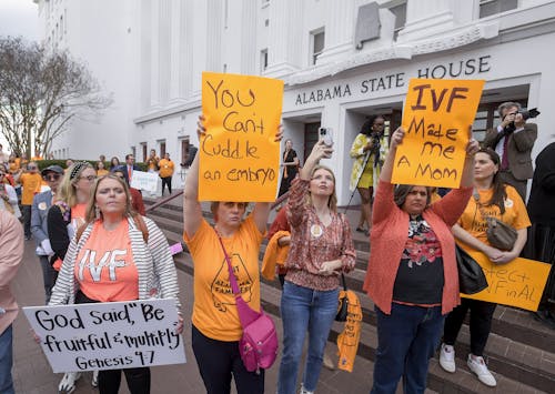 Protests in front of the Alabama Statehouse oppose the most recent ruling that essentially bans in vitro fertilization (IVF) in the state. – Photo by @mickeywelsh / X.com