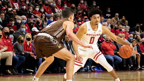 Senior guard Geo Baker has missed the last three games due to injury as the Rutgers men’s basketball team has struggled, ranking 217th in the first NET rankings of the season.  – Photo by Olivia Thiel