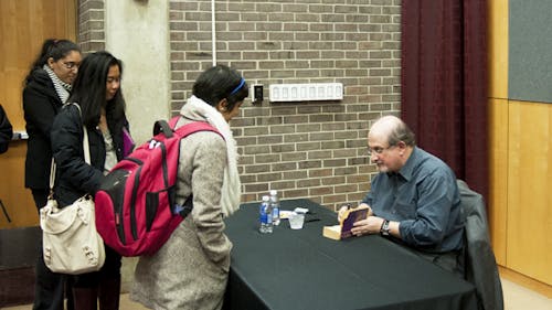 Acclaimed writer Salman Rushdie shared excerpts from his novels yesterday in the Multipurpose Room at the Rutgers Student Center on the College Avenue campus. – Photo by Raza Zia