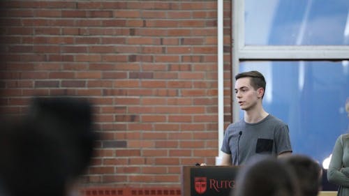 Nick Pellitta, chairman of the Rutgers University Student Assembly Allocations Board, takes last night’s meeting to announce the assembly’s allocations for student organizations in the coming year.  – Photo by Declan Intindola