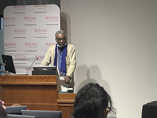 Gerald Horne, the Moores Professor of History and African American Studies at the University of Houston, spoke at Alexander Library on the College Avenue campus about Paul Robeson's achievements. – Photo by Adam Ahmadi