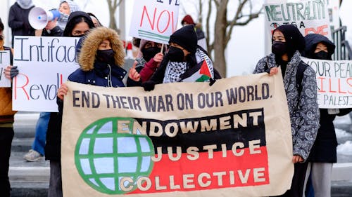 On January 18, the Endowment Justice Collective, which calls for the end of Rutgers-funded investments in corporations supporting global injustices, held a protest on the College Avenue campus. – Photo by Students for Justice in Palestine