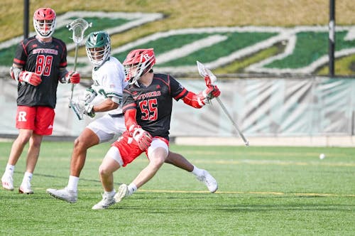 Freshman midfielder Colin Kurdyla and graduate student attacker Tanyr Krummenacher both scored in the Rutgers men's lacrosse team's 13-5 road victory against Loyola.  – Photo by Tommy Gilligan / Scarletknights.com