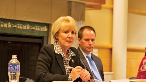 Mary Pat Angelini, New Jersey assemblywoman, talks yesterday about the intensity of today’s drinking culture. – Photo by Yangeng Lin
