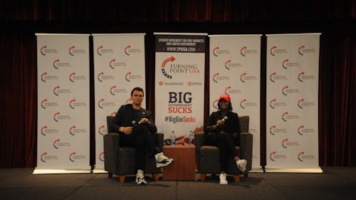 Charlie Kirk and Candace Owens spoke at a “Campus Clash” event Monday night in Trayes Hall at the Douglass Student Center. They discussed the conservative movement on college campuses. – Photo by Garrett Steffe