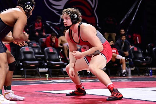 Freshman 285-pounder Boone McDermott and the Rutgers wrestling team fell to 2-5 in conference play with the loss to Ohio State. – Photo by Ben Solomon / Scarletknights.com