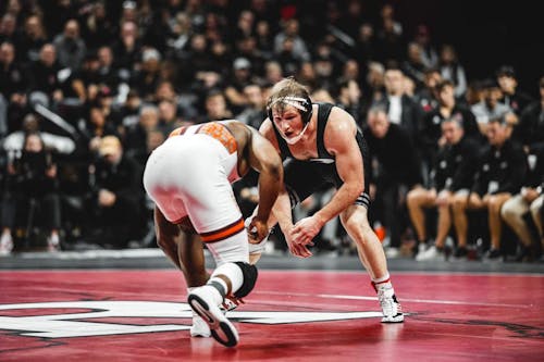 Senior 174-pounder Jackson Turley earned his first win of the season in the Rutgers wrestling team’s shutout victory over Edinboro on Friday. – Photo by Sarah Snyder / ScarletKnights