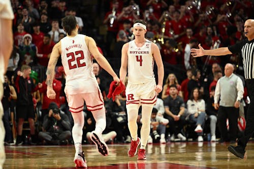 Senior guard Paul Mulcahy and fifth-year guard Caleb McConnell led the way in Rutgers men's basketball's 64-50 win over Maryland. – Photo by @RutgersMBB / Twitter