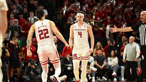 Senior guard Paul Mulcahy and fifth-year guard Caleb McConnell led the way in Rutgers men's basketball's 64-50 win over Maryland. – Photo by @RutgersMBB / Twitter