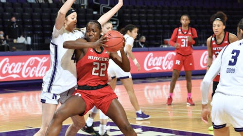 Sophomore forward Tyia Singleton, senior forward Tekia Mack and fifth-year senior guard Arella Guirantes combined for 48 points against Northwestern. – Photo by Rutgers Women's Basketball / Twitter